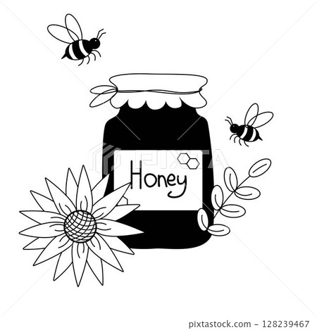 Jar of honey, chamomile flowers and bees composition. Vector graphic line illustration. Silhouette sign for logo, print, comics, fashion, pop art, boards, design, stickers, decoration, posters 128239467
