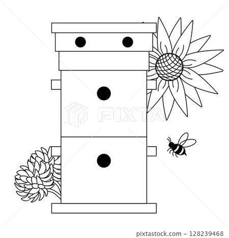 Bee Honeycomb house with sunflowers and clover composition. Vector graphic line illustration. Icon Vector design for fashion graphics, textile prints, fabrics, wallpapers. 128239468