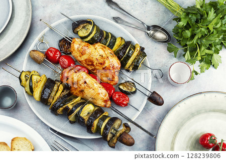 Grilled meat and roasted vegetables, barbecue Grilled meat and roasted vegetables, barbecue 128239806