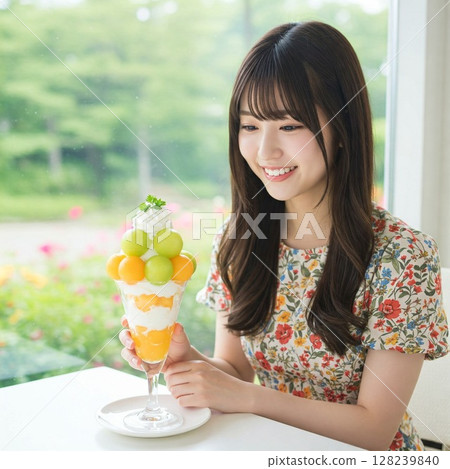 時令水果芭菲和微笑的女人 | 咖啡廳，哈密瓜，芒果，夏季，奢華，幸福時刻 128239840