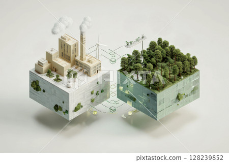 Isometric 3D illustration showing carbon offsetting — balance between factories and forests 128239852