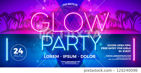 Summer Glow Party Banner Illustration Template with Glowing Neon Light Typography and Abstract Design Elements on Fluorescent Tropical Background. Vector Summer Celebration Holiday Illustration for 128240096