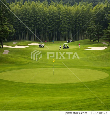 Spectacular view of golf course shining in the sunset | Vast fairways, bunkers, golf, sports, nature, resorts 128240324