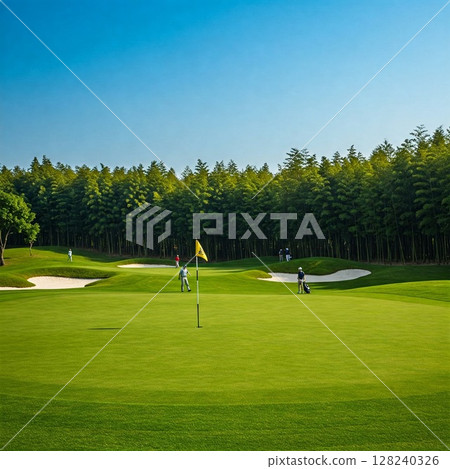 Spectacular view of golf course shining in the sunset | Vast fairways, bunkers, golf, sports, nature, resorts Spectacular view of golf course shining in the sunset | Vast fairways, bunkers, golf, sports, nature, resorts 128240326