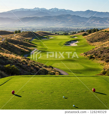 Spectacular view of golf course shining in the sunset | Vast fairways, bunkers, golf, sports, nature, resorts 128240329