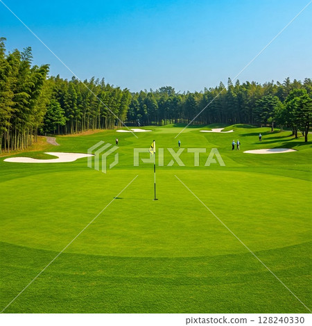 Spectacular view of golf course shining in the sunset | Vast fairways, bunkers, golf, sports, nature, resorts 128240330