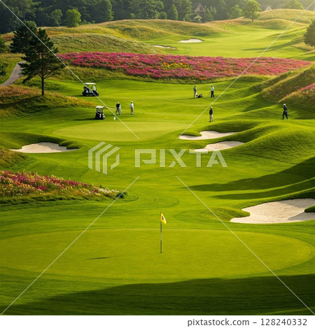 Spectacular view of golf course shining in the sunset | Vast fairway with flowers, bunkers, golf, sports, nature, resort Spectacular view of golf course shining in the sunset | Vast fairway with flowers, bunkers, golf, sports, nature, resort 128240332