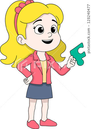 Cartoon Girl Holding Puzzle Piece Vector Illustration 128240477