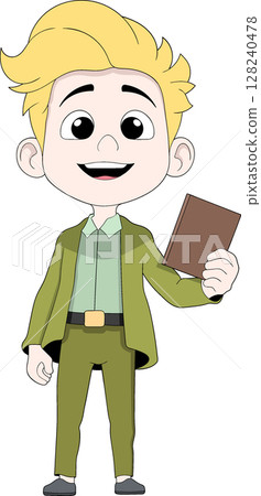 Cartoon School Boy Holding Book Vector Illustration 128240478