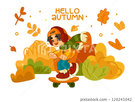 Autumn Childhood Skating Illustration Scene Autumn Childhood Skating Illustration Scene 128241042