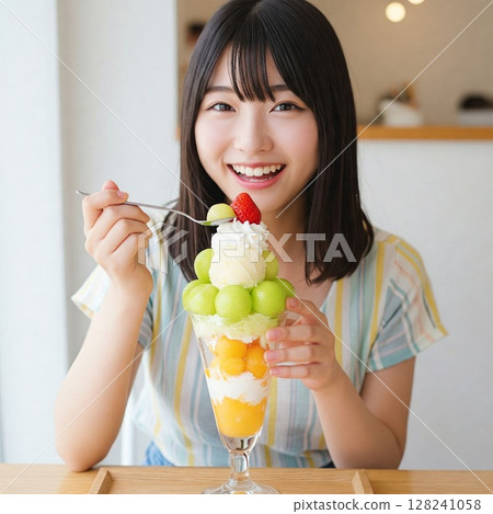 Smiling woman enjoying seasonal fruit parfait | Melon, mango, sweets, cafe, summer, blissful time Smiling woman enjoying seasonal fruit parfait | Melon, mango, sweets, cafe, summer, blissful time 128241058