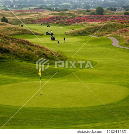 Spectacular view of sparkling golf course | Vast fairways with blooming flowers, bunkers, golf, sports, nature, resort 128241385