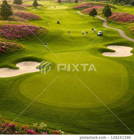 Spectacular view of golf course shining in the sunset | Vast fairway with flowers, bunkers, golf, sports, nature, resort 128241386