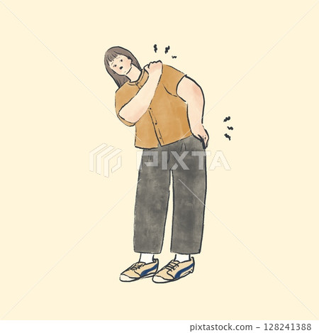 Woman suffering from stiff shoulders and back pain Woman suffering from stiff shoulders and back pain 128241388
