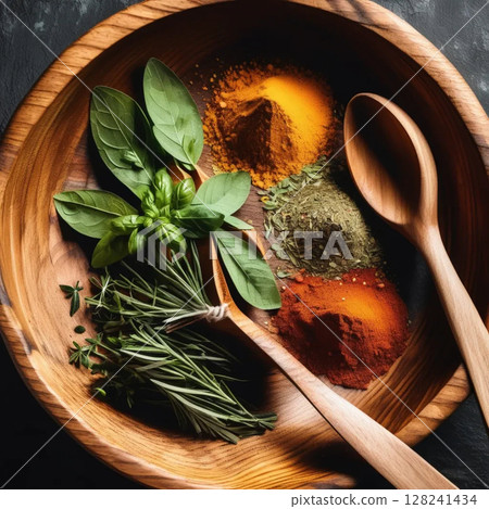 fresh herbs in wooden spoon 128241434