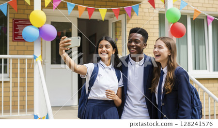 Happy diverse high school students in uniforms take a selfie on balloon-decorated school porch. 128241576