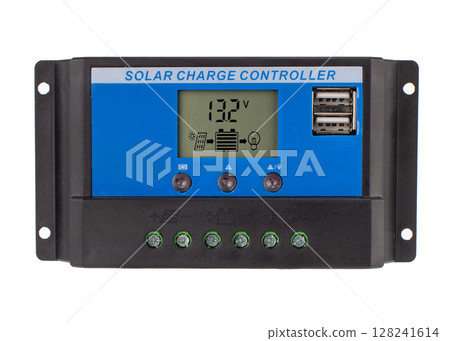 Electronic solar charge controller with digital screen and USB ports isolated on white background Electronic solar charge controller with digital screen and USB ports isolated on white background 128241614