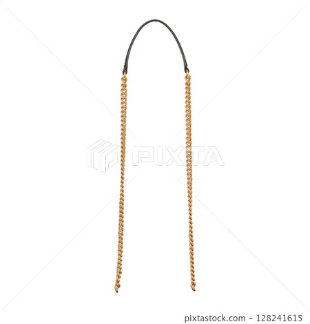 Elegant gold chain handbag strap with black leather top section isolated on white background Elegant gold chain handbag strap with black leather top section isolated on white background 128241615