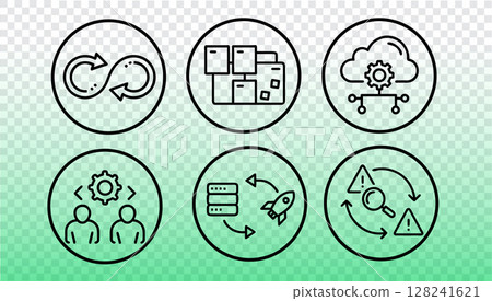 DevOps process automation icons set. Software development continuous delivery pipeline. IT infrastructure deployment monitoring security. Line style green background vector 128241621