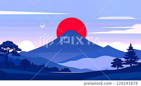帶有紅色夕陽和富士山的日式風景插圖 128241678