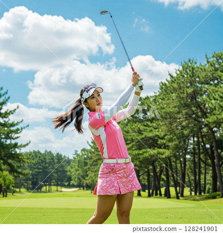 A female golfer swinging a golf ball under a blue sky | Pink clothing Sports, Summer, Refreshing, Golf Life 128241901