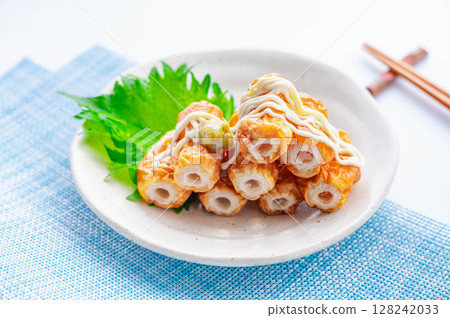 Bite-sized chikuwa (fish cake) topped with wasabi mayonnaise Bite-sized chikuwa (fish cake) topped with wasabi mayonnaise 128242033