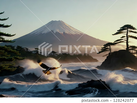 A hawk flies just above the splashing surface of a lake with Mt. Fuji in the background. A hawk flies just above the splashing surface of a lake with Mt. Fuji in the background. 128242077