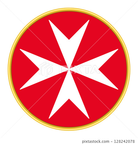 White Maltese cross on a red circular field with golden border. Eight-pointed heraldic cross symbol, used by the Knights Hospitaller, the Knights of Malta, and a wide array of other entities. Vector 128242078