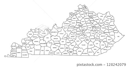 State of Kentucky, subdivided into 120 counties, outline map. State in the Southeastern Region of United States, nicknamed The Bluegrass State. Contour of the state, with county names and borders. 128242079
