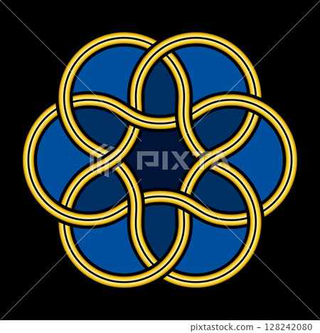 Three interlaced loops, colored ornament in the style of stained glass. Three intertwined ribbons leading to a six-petaled knot, used in Christian ornamentation to represent the Holy Trinity. Vector Three interlaced loops, colored ornament in the style of stained glass. Three intertwined ribbons leading to a six-petaled knot, used in Christian ornamentation to represent the Holy Trinity. Vector 128242080