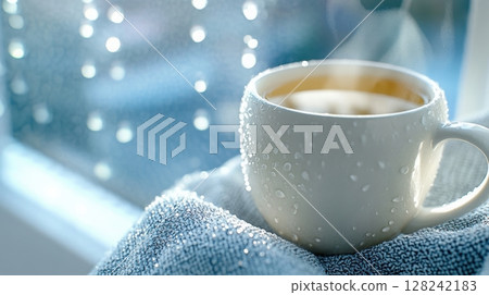 Close-up of a white porcelain cup filled with tea next to a misted rainy window with steam, reflections, and delicate shadows 128242183