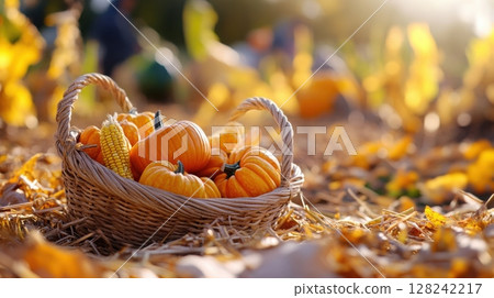Close-up of basket filled with heirloom pumpkins and corn on dry straw in farm field 128242217