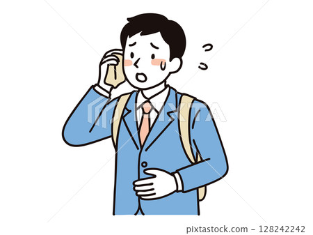 A male businessman in a suit wiping sweat and worrying about heat stroke (summer) 128242242
