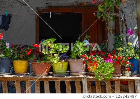 Multicolored geraniums in pots on the porch 128242487