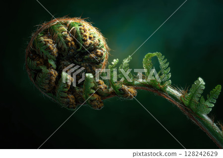 A tightly curled fern unfurls in rich green texture, revealing prehistoric spiral details in a macro botanical portrait against a deep forest background 128242629