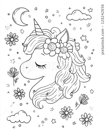 A magical unicorn with floral crown and starry details appears in a whimsical black and white coloring illustration perfect for creative kids and fantasy lovers. 128242656