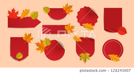 Set of blank red stickers for shopping, sales, special offers for the autumn season. Vector illustration. 128243007