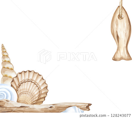 A square frame with hand-drawn elements. Driftwood, various seashells and a hanging stylized wooden fish figurine are isolated on a white background. A marine-themed template with an empty place to A square frame with hand-drawn elements. Driftwood, various seashells and a hanging stylized wooden fish figurine are isolated on a white background. A marine-themed template with an empty place to 128243077