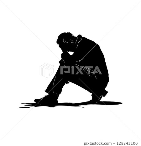 Black silhouette of a person sitting with head down, arms on knees, on a white background. Concept of sadness, loneliness, or reflection. Concept of solitude and depression Black silhouette of a person sitting with head down, arms on knees, on a white background. Concept of sadness, loneliness, or reflection. Concept of solitude and depression 128243100