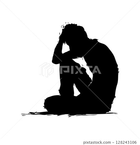 Silhouette of a person sitting with their head in their hand in distress on a white background. Concept of sadness and contemplation 128243106