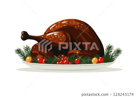 Roasted whole turkey with holiday garnish in a flat artistic style on white background, concept of festive meal and holiday celebration Roasted whole turkey with holiday garnish in a flat artistic style on white background, concept of festive meal and holiday celebration 128243174