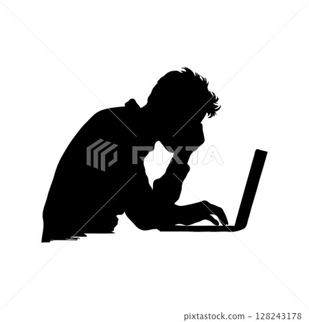 A silhouette of a person focused on a laptop, minimalist style, on a plain background. Concept of stress and frustration, burnout at work 128243178