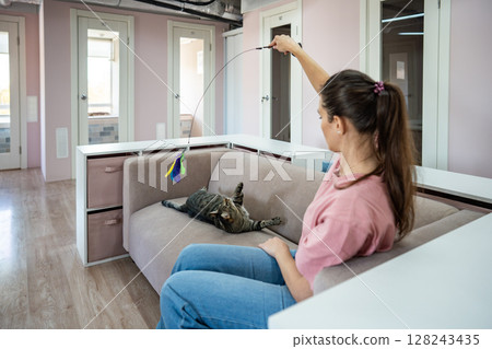 Female employee and cat game with string toy, cat stay as comfortable as possible. Cat toys, comfort Female employee and cat game with string toy, cat stay as comfortable as possible. Cat toys, comfort 128243435