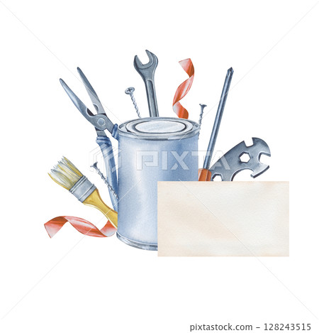 Watercolor composition with men's working tools and a sheet of paper for lettering. Pliers, a can of paint, a brush, a screwdriver, a wrench, electrical tape and screws. The elements are hand-drawn Watercolor composition with men's working tools and a sheet of paper for lettering. Pliers, a can of paint, a brush, a screwdriver, a wrench, electrical tape and screws. The elements are hand-drawn 128243515