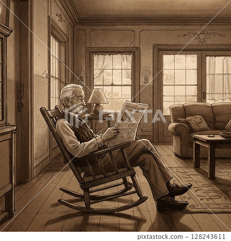 Photo of a senior man reading a newspaper in a rocking chair | Peaceful daily life, reading, retirement, relaxing holidays 128243611