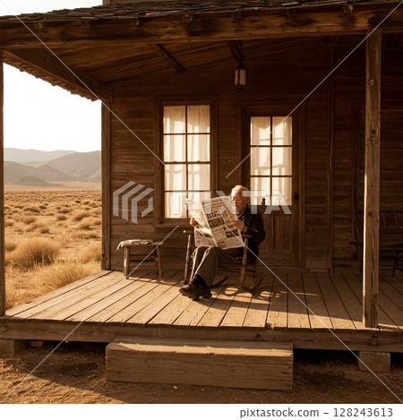 Photo of a senior man reading a newspaper in a rocking chair | Peaceful daily life, reading, retirement, relaxing holidays 128243613