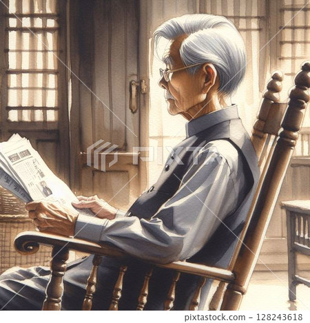 一位老人坐在搖椅上看報紙的照片 | 平靜的日常生活、閱讀、退休、輕鬆的假期 128243618