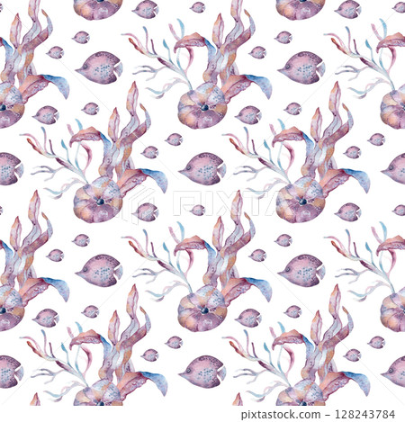Pastel marine seamless pattern with whimsical sea plants and colorful fish clown isolated. Watercolor repeat texture hand painted soft pink lilac tones for wrapping paper, baby textiles, beach fabric. Pastel marine seamless pattern with whimsical sea plants and colorful fish clown isolated. Watercolor repeat texture hand painted soft pink lilac tones for wrapping paper, baby textiles, beach fabric. 128243784