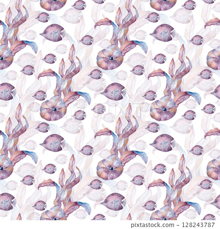 Delicate watercolor underwater life seamless pattern isolated. Hand painted ocean creatures and seaweeds in lavender and pale pink tones repeat texture. Design for home textile, marine prints. 128243787