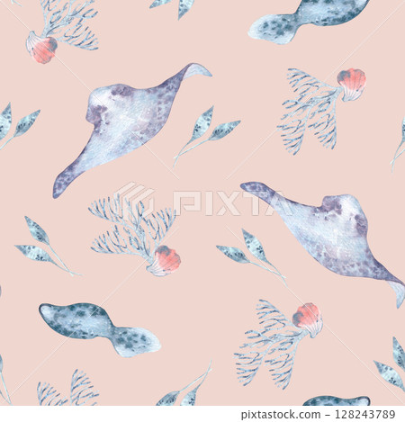 Elegant watercolor seamless pattern of stingrays by seaweed, coral seashells isolated on beige. Underwater creatures hand painted repeated background for print, summer fabric, children textile. Elegant watercolor seamless pattern of stingrays by seaweed, coral seashells isolated on beige. Underwater creatures hand painted repeated background for print, summer fabric, children textile. 128243789